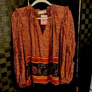 Moonflower Peasant Blouse w/Tassel v-neck floral, Medium (Rose/Blk)